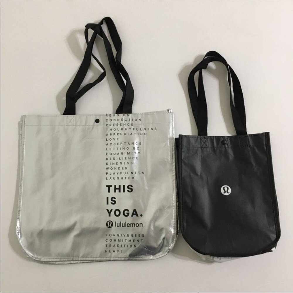 Lululemon 2 Sizes Gift Bags Silver and Black Lululemon Logo This is Yoga Printed